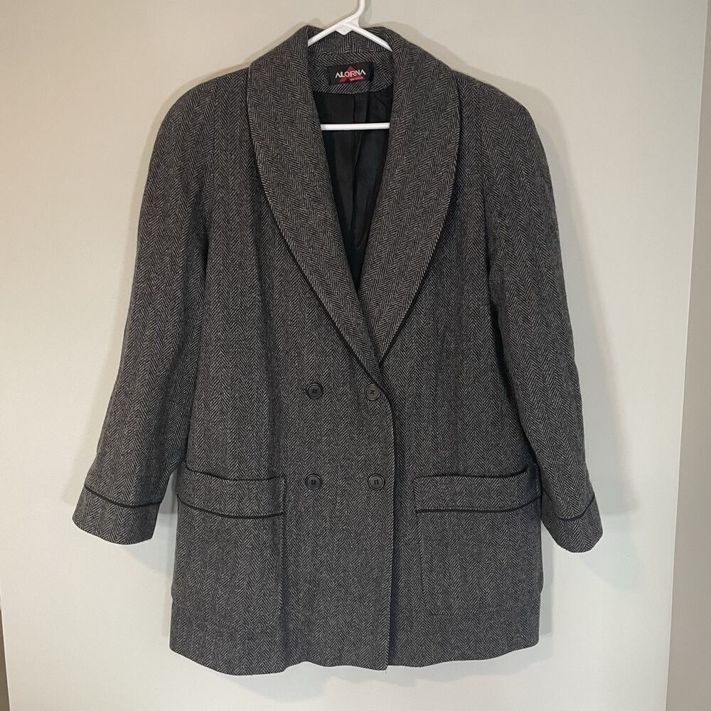 Alorna Vintage Wool Coat Herringbone Double Breasted Wool Size L Gray Black